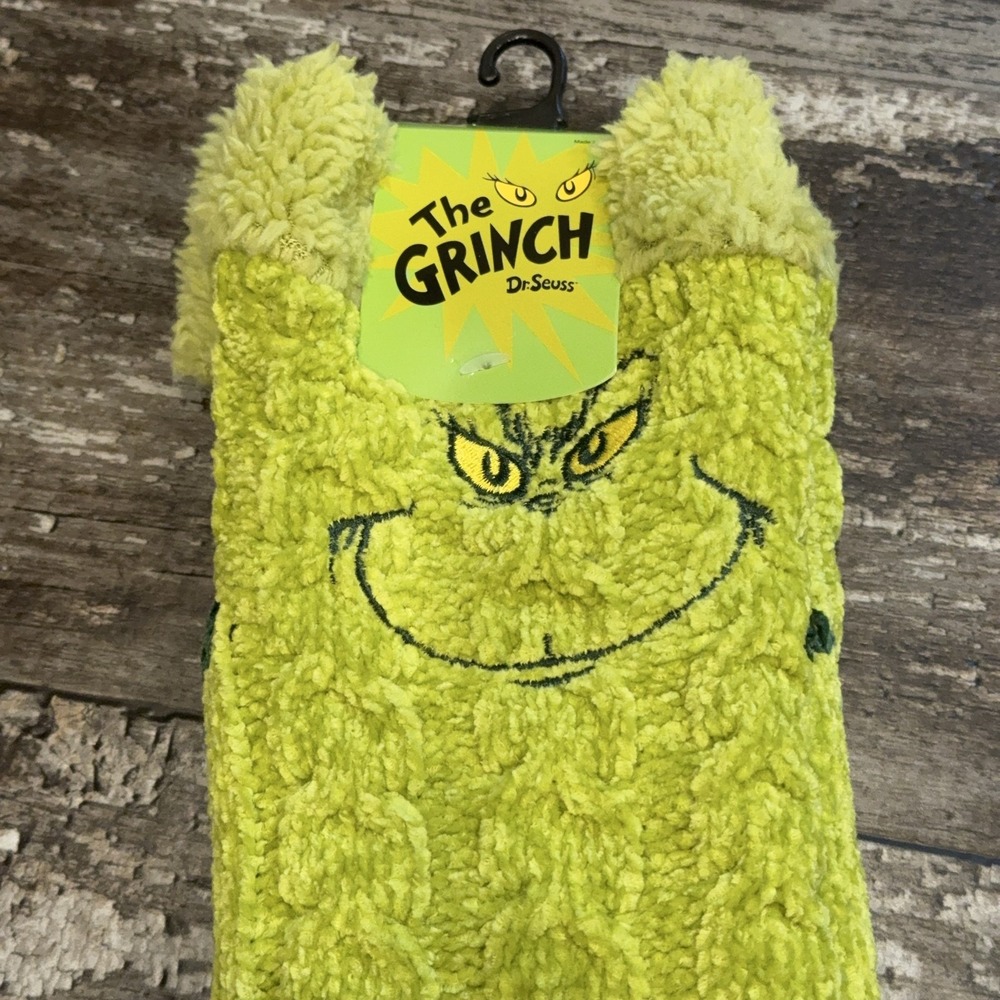 Bioworld Dr Seuss The Grinch Slipper Socks Womens 5-10 Green Fuzzy Non-Slip NEW - Picture 2 of 8